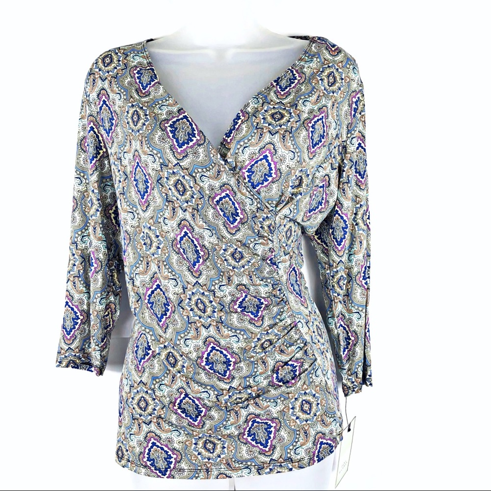 Dana Buchman Large faux wrap printed blouse L